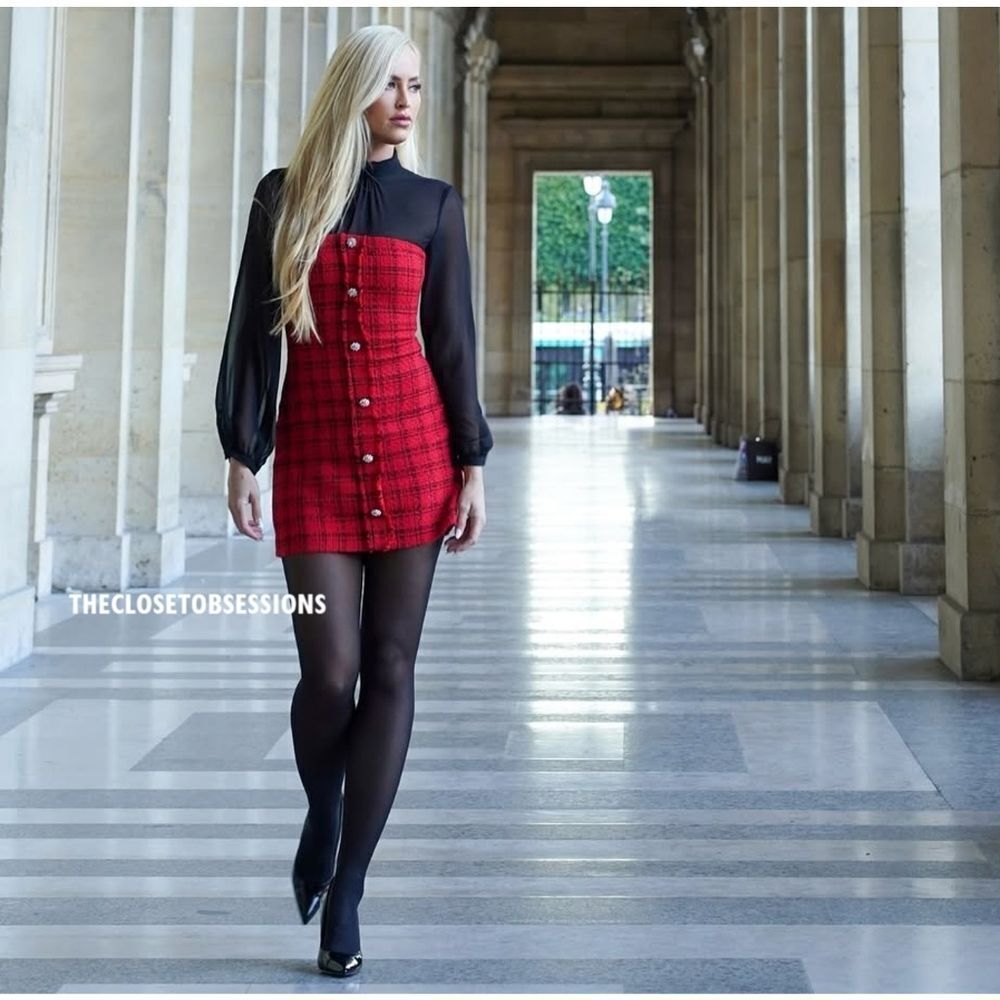 NWT ZARA Bloggers Fav COMBINATION STRUCTURED DRESS Mini Red black tweed Jewel - Picture 5 of 17